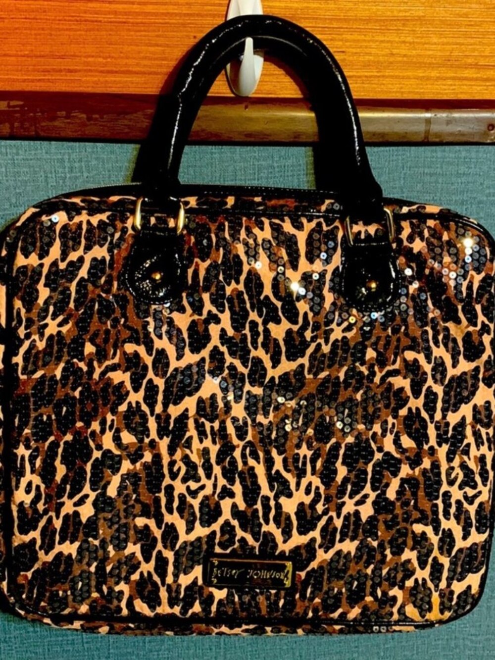 Betsey Johnson Leopard Sequin Laptop Bag Briefcase Brown Black Patent Trim